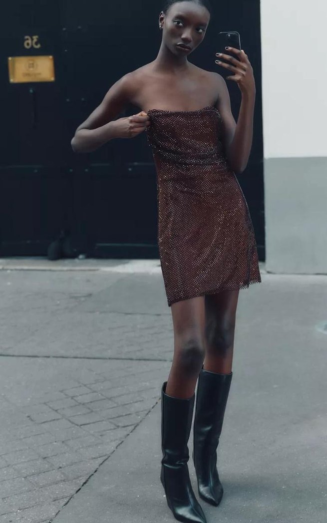 Zara Kahverengi Parlak Midi Straplez Elbise - Görsel 2