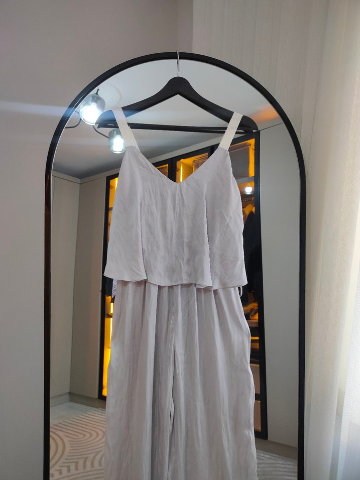 grj V Yakalı Keten Uzun Elbise - Görsel 2