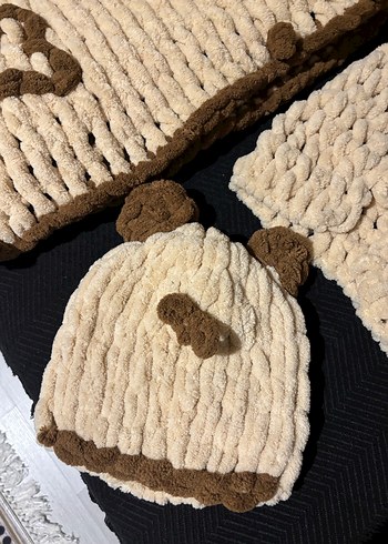 Bohem Tarzı Kahverengi Nakışlı Çocuk Bere ve Atkı Seti - Görsel 3