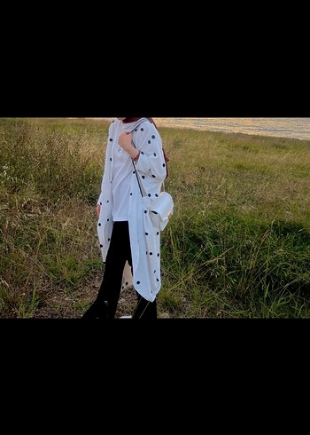 Uzun Beyaz Puantiyeli Pamuklu Kadın kimono