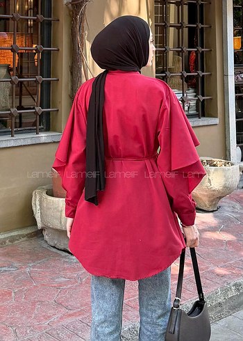 universal Beden bordo Renk Bordo Uzun Kollu Fırfırlı Tunik