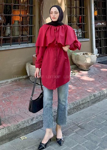 Diğer Bordo Uzun Kollu Fırfırlı Tunik