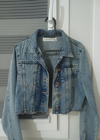 Düğmeli crop Mavi Denim Kadın Ceket - Görsel 2