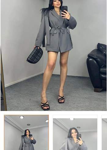 universal Beden Gri Kemerli Mini Blazer