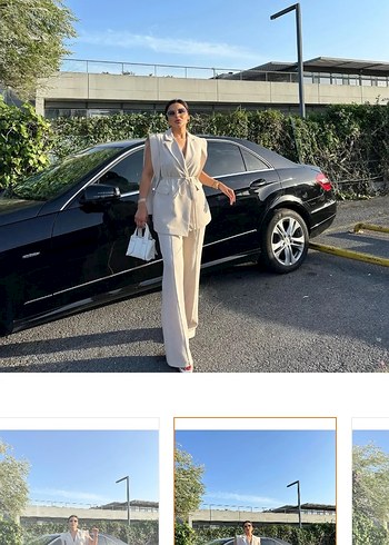 s Beden beyaz Renk Bağlama Kuşaklı Blazer Yelekli Pantolon İkili Takım