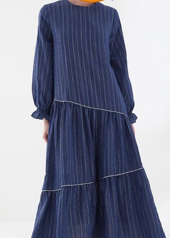 Uzun Kollu Mavi Çizgili Elbise - Görsel 2