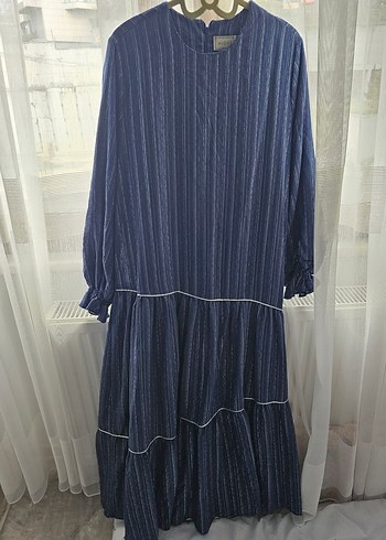 Uzun Kollu Mavi Çizgili Elbise - Görsel 4