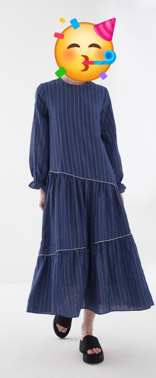 Uzun Kollu Mavi Çizgili Elbise - Görsel 2