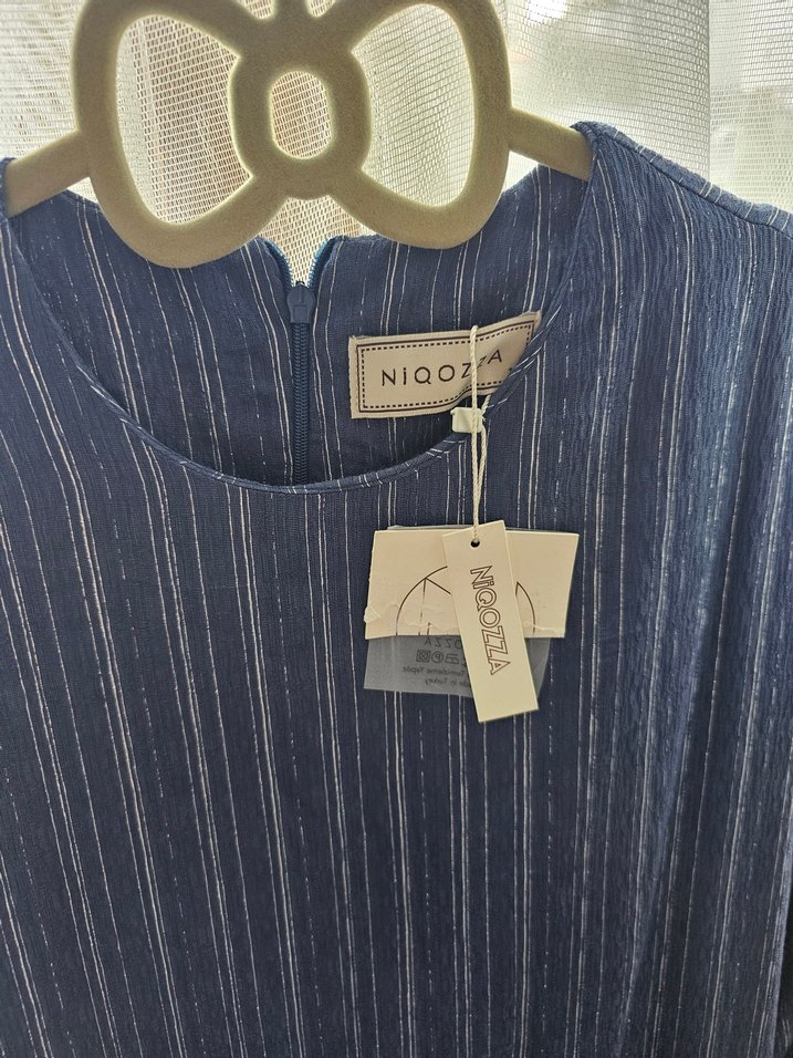 Uzun Kollu Mavi Çizgili Elbise - Görsel 3