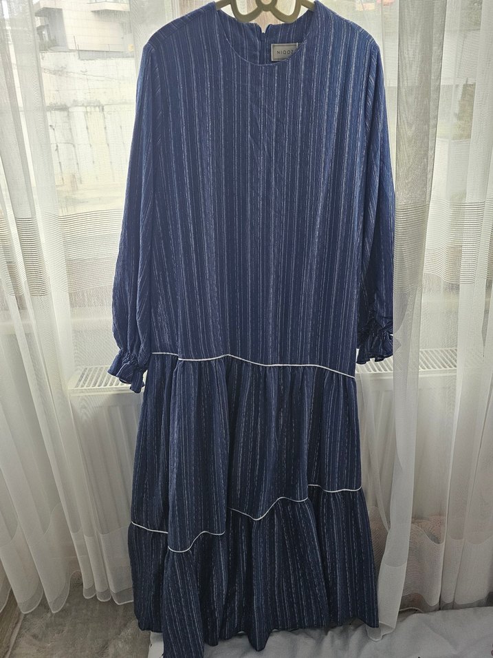 Uzun Kollu Mavi Çizgili Elbise - Görsel 4