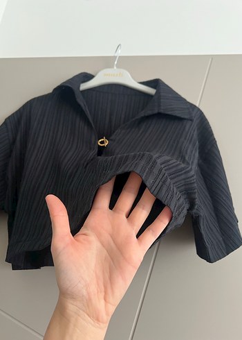 Düğmeli Siyah Keten Mini Kadın Gömlek - Görsel 2