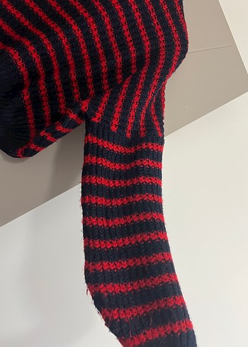 Kırmızı Siyah Çizgili Kadın Triko Kazak - Görsel 3