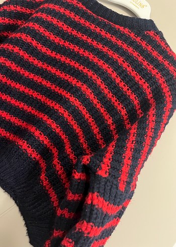 Kırmızı Siyah Çizgili Kadın Triko Kazak - Görsel 2