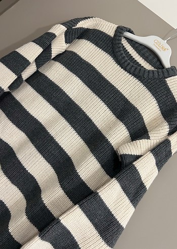 Gri Çizgili Uzun Kollu Örgü Kadın Kazak - Görsel 2