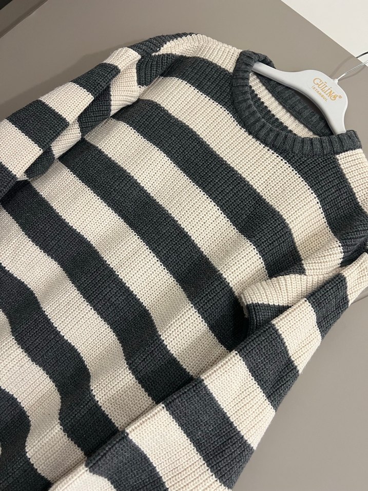 Gri Çizgili Uzun Kollu Örgü Kadın Kazak - Görsel 2