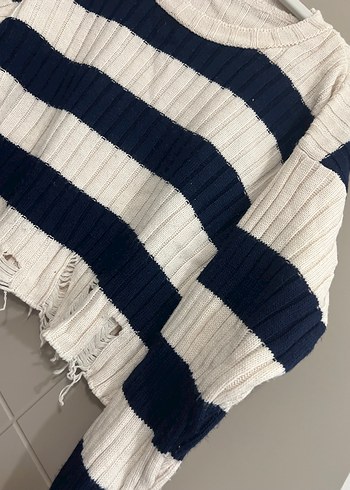 Çizgili Rahat Kesim Kadın Triko Kazak - Görsel 2