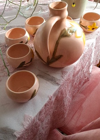 Pastel Bej Çiçek Desenli Seramik Çay Seti - Görsel 3