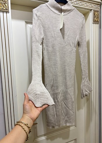 Bej Uzun Kollu Triko Kadın Elbise - Görsel 2