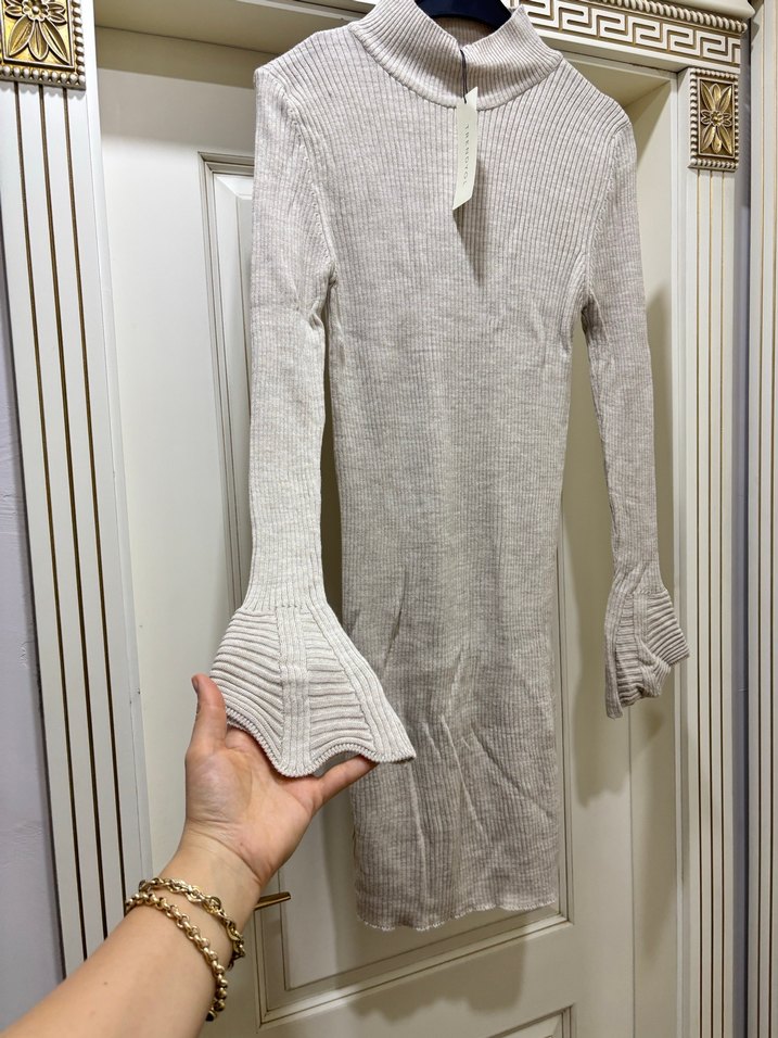 Bej Uzun Kollu Triko Kadın Elbise - Görsel 2