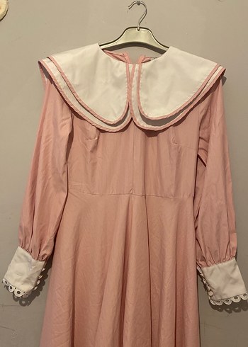 Pembe Uzun Kollu Vintage Elbise