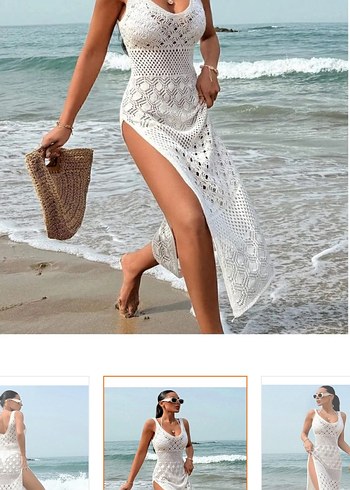 Dantel Detaylı Beyaz Uzun Plaj Elbisesi - Görsel 3