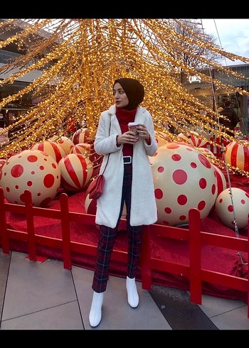 Kadın Kırmızı Ekose Pilili Kumaş Pantolon - Görsel 5