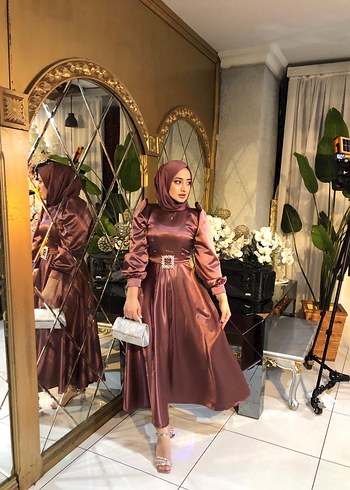 Uzun Kol Drapeli gül kurusu Abiye Elbise - Görsel 4