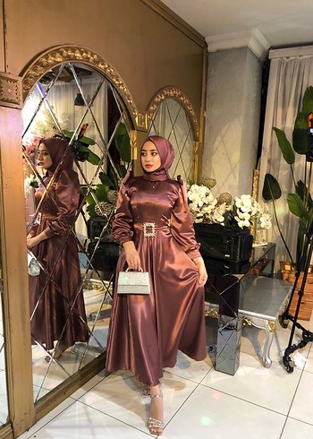 Uzun Kol Drapeli gül kurusu Abiye Elbise - Görsel 5