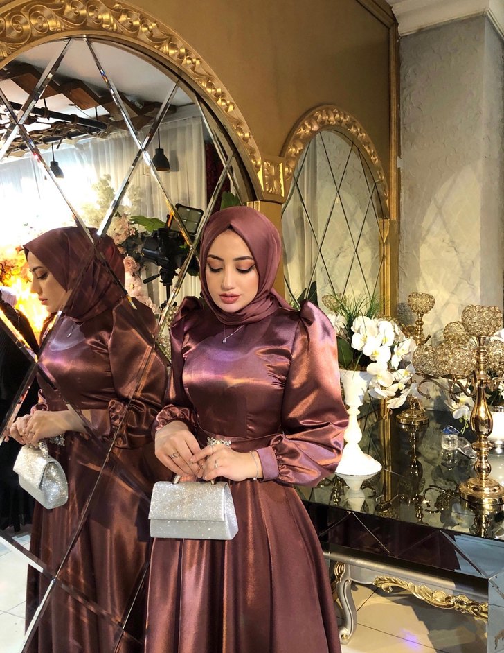 Uzun Kol Drapeli gül kurusu Abiye Elbise - Görsel 2