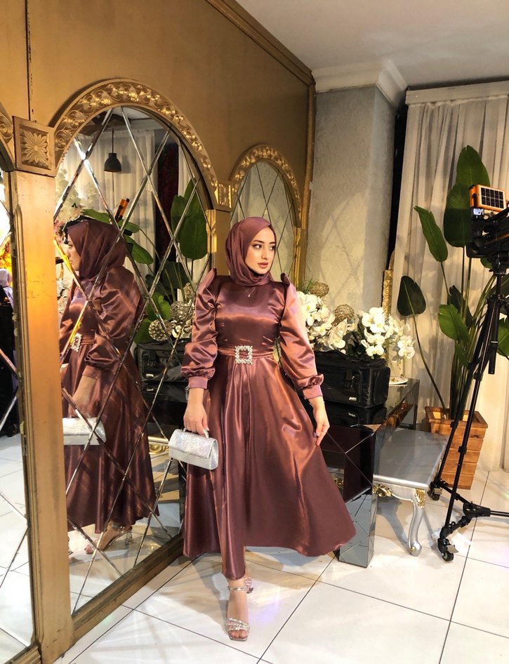 Uzun Kol Drapeli gül kurusu Abiye Elbise - Görsel 4