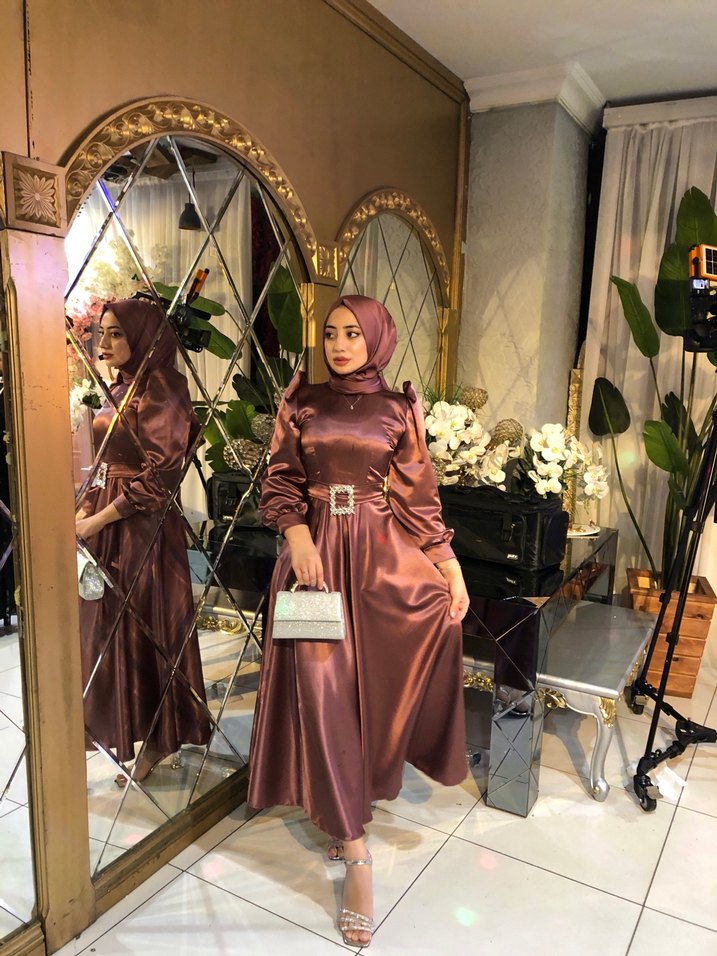 Uzun Kol Drapeli gül kurusu Abiye Elbise - Görsel 5