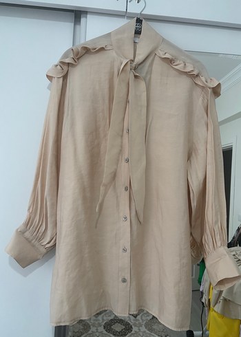 Bej Keten Fırfırlı Uzun Kollu Kadın Gömlek - Görsel 3