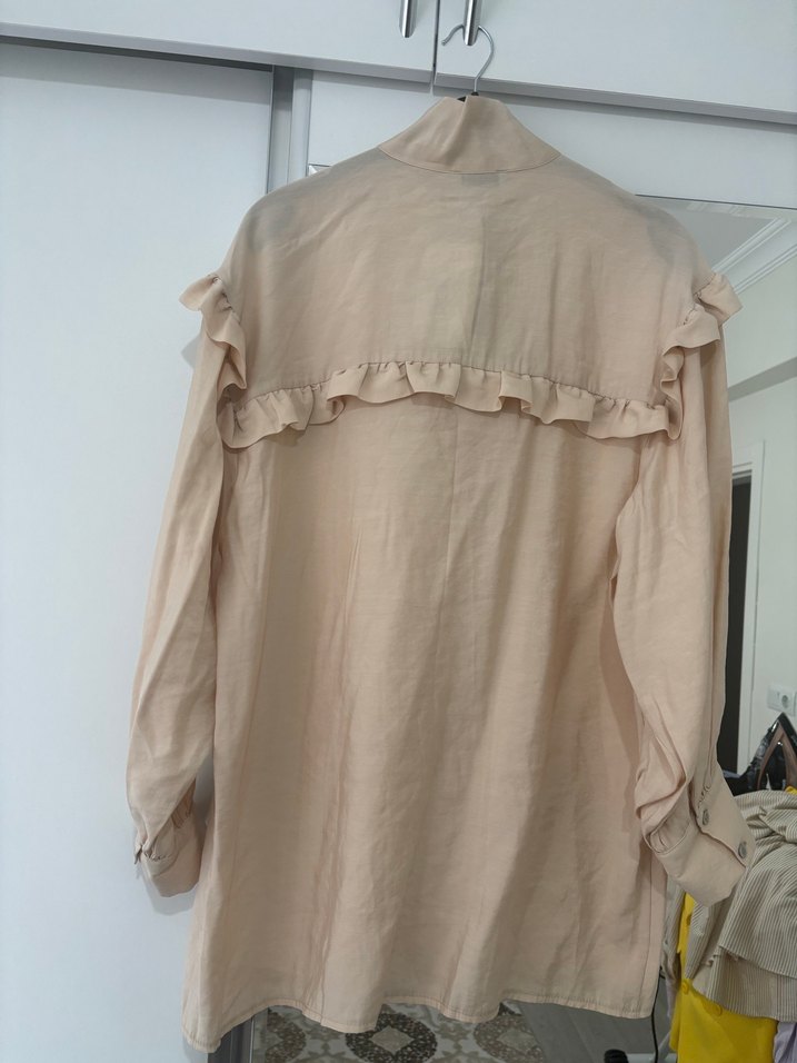 Bej Keten Fırfırlı Uzun Kollu Kadın Gömlek - Görsel 2