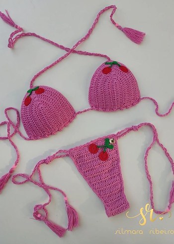 Pembe Nakışlı Örgü Mini Bikini