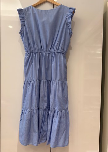 Mavi Keten Uzun Elbise Volan Detaylı - Görsel 5