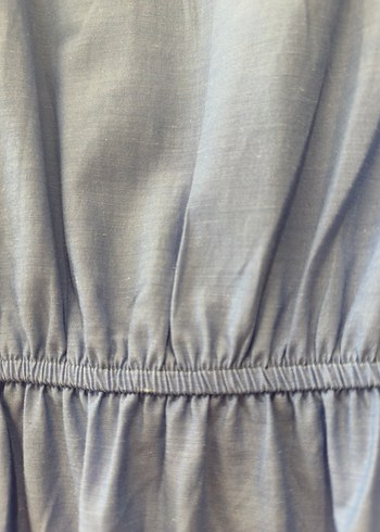 Mavi Keten Uzun Elbise Volan Detaylı - Görsel 6