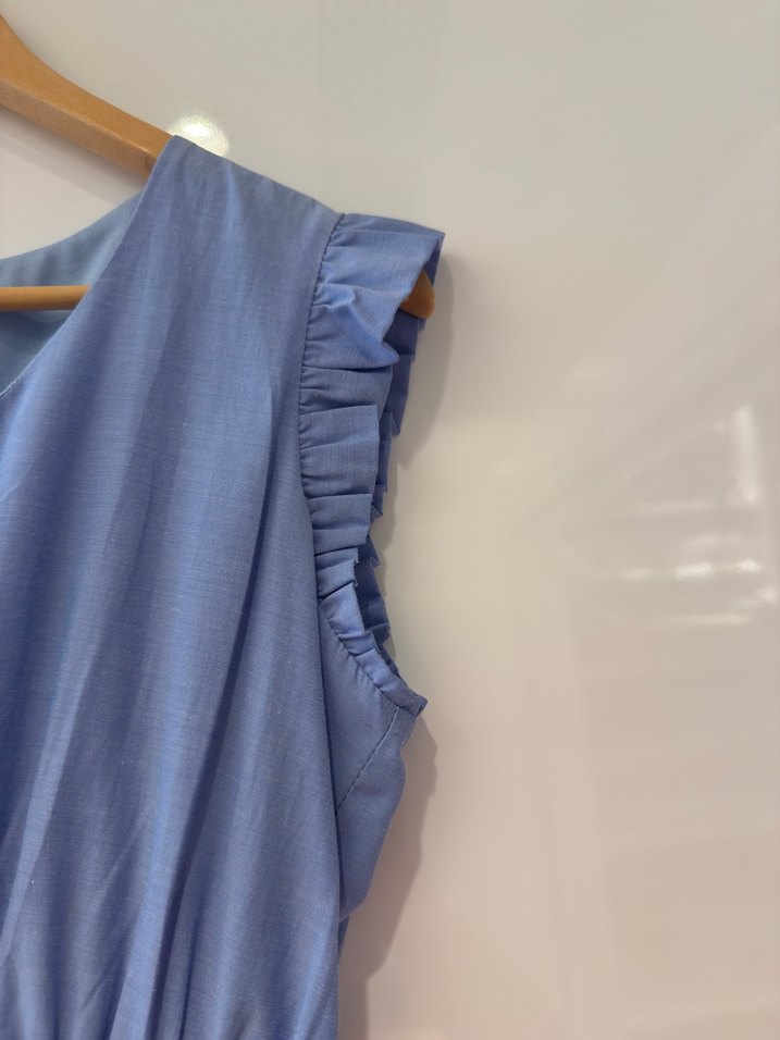 Mavi Keten Uzun Elbise Volan Detaylı - Görsel 3