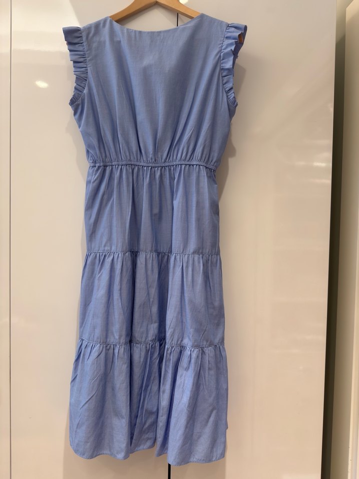 Mavi Keten Uzun Elbise Volan Detaylı - Görsel 5