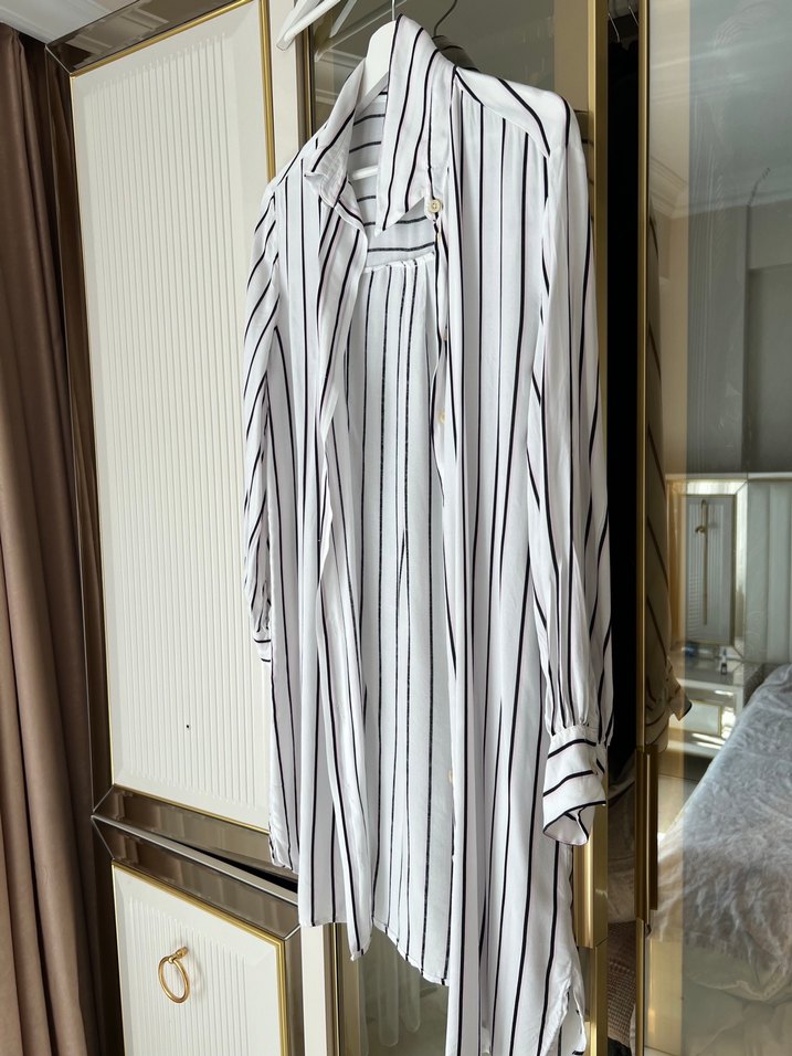 Beyaz Çizgili Uzun Kollu Kadın Gömlek - Görsel 3