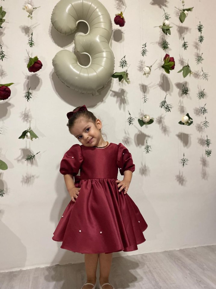 Bordo Saten Fiyonklu Klasik Kız Çocuk Elbise - Görsel 4