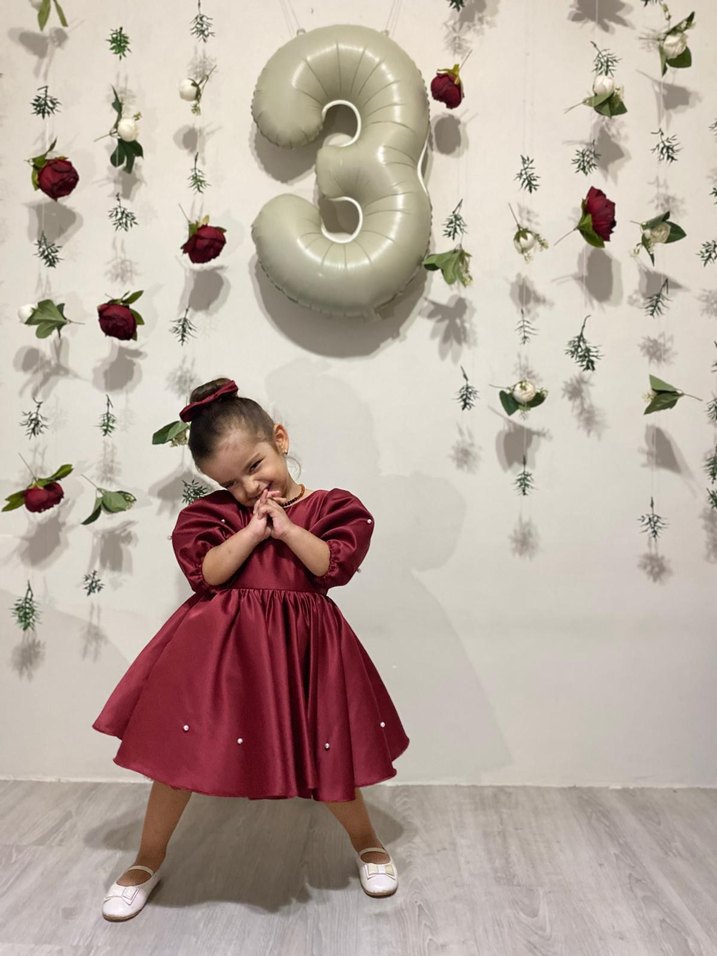 Bordo Saten Fiyonklu Klasik Kız Çocuk Elbise - Görsel 2