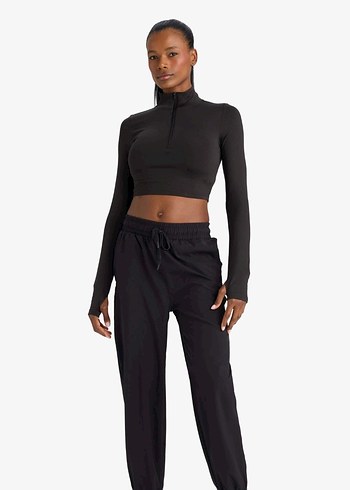 Slim Fit Dar Kesim Fermuarlı Dik Yaka Sporcu Uzun Kollu Tişört - Görsel 2