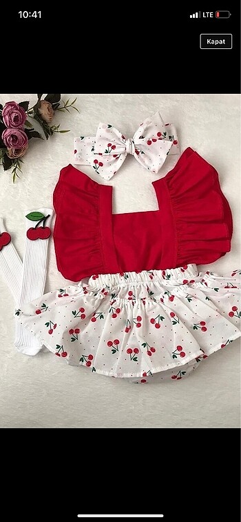 Kiraz desenli kız çocuk salopet corap bandana set