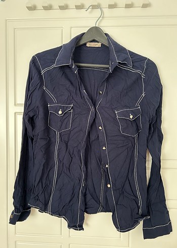 Düğmeli Lacivert Kadın Denim Gömlek dar kesim