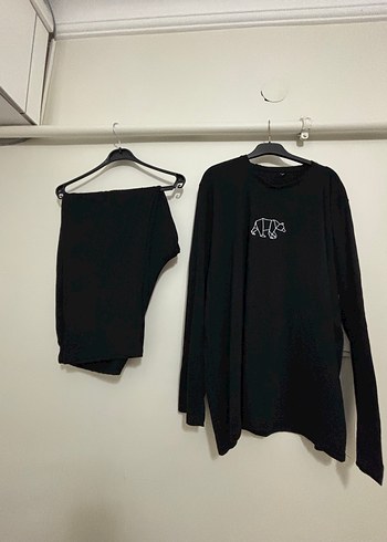 48 Beden Erkek Siyah Baskılı Uzun Kollu Rahat Pijama