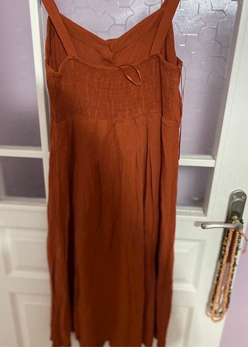 Pull bear Keten Uzun Kahverengi Elbise - Görsel 3