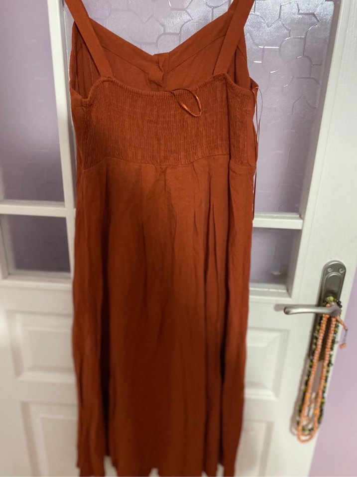 Pull bear Keten Uzun Kahverengi Elbise - Görsel 3