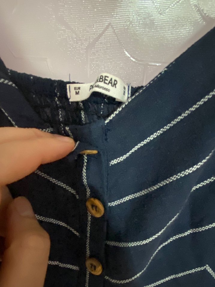 Düğmeli, V Yakalı Çizgili Uzun Lacivert Elbise - Görsel 2