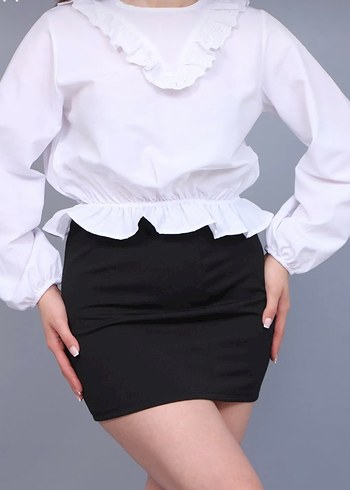 Fırfırlı Beyaz Mini Bluz, Uzun Kollu