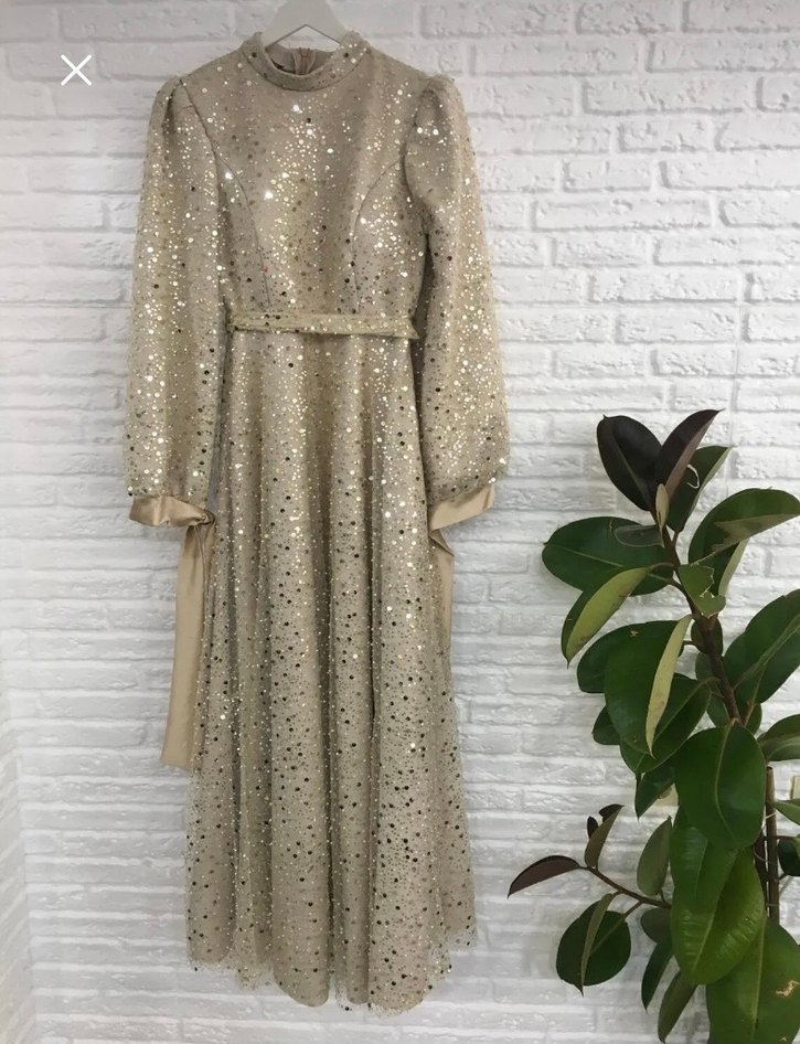 İşlemeli Beyaz Uzun Kollu Tesettür Abiye - Görsel 2